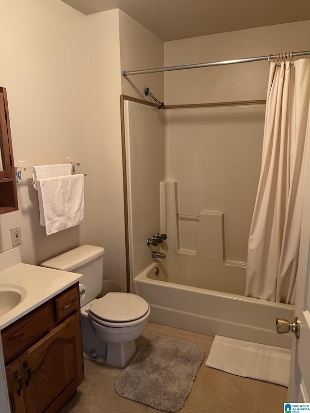 bathroom with toilet, shower / bathtub combination with curtain, and vanity