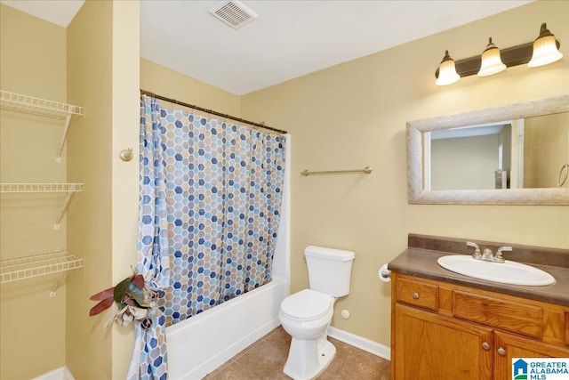 full bath with visible vents, toilet, shower / bath combo, vanity, and tile patterned floors