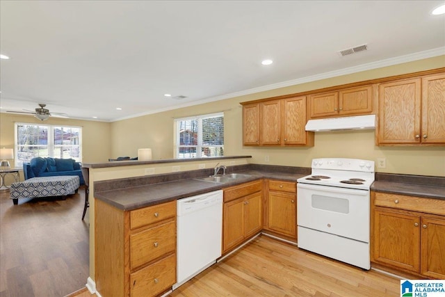 kitchen with under cabinet range hood, white appliances, a sink, visible vents, and dark countertops