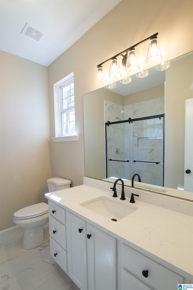 full bath with a stall shower, visible vents, toilet, marble finish floor, and vanity