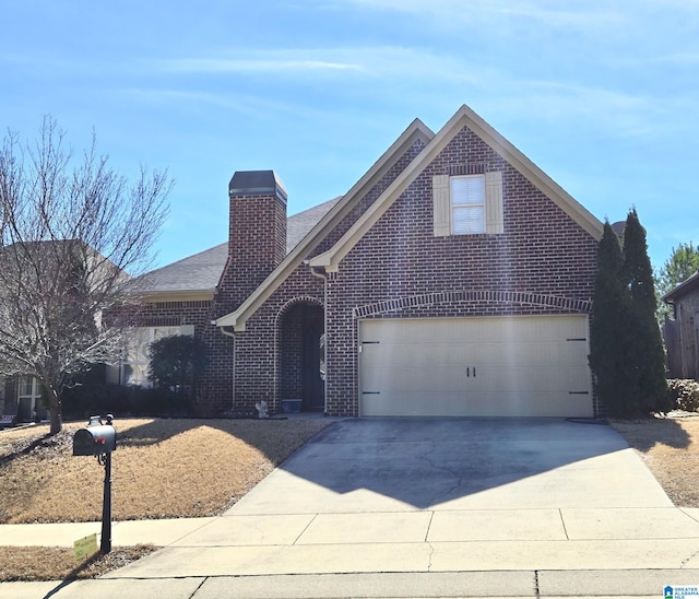 view of front of house featuring concrete driveway, brick siding, and a chimney