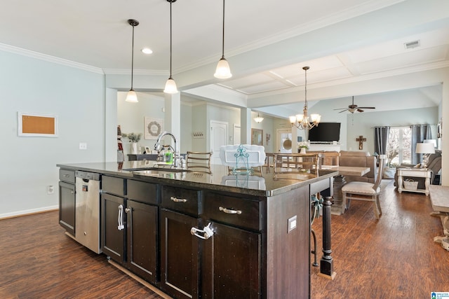 kitchen with visible vents, a sink, open floor plan, dishwasher, and dark wood-style flooring