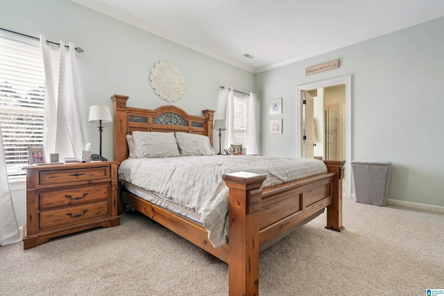 bedroom featuring light carpet, baseboards, visible vents, and ornamental molding