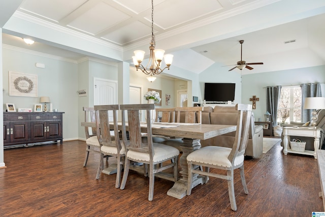 dining space with ceiling fan with notable chandelier, visible vents, dark wood-style flooring, and baseboards