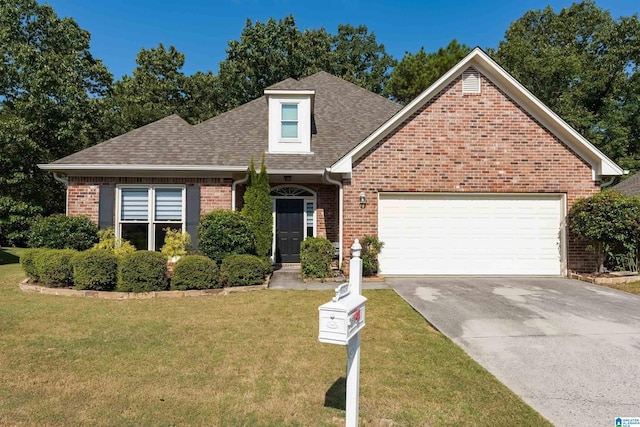 view of front facade featuring brick siding, roof with shingles, a front yard, a garage, and driveway