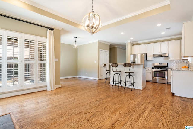 kitchen featuring decorative backsplash, appliances with stainless steel finishes, light wood-type flooring, under cabinet range hood, and a kitchen bar