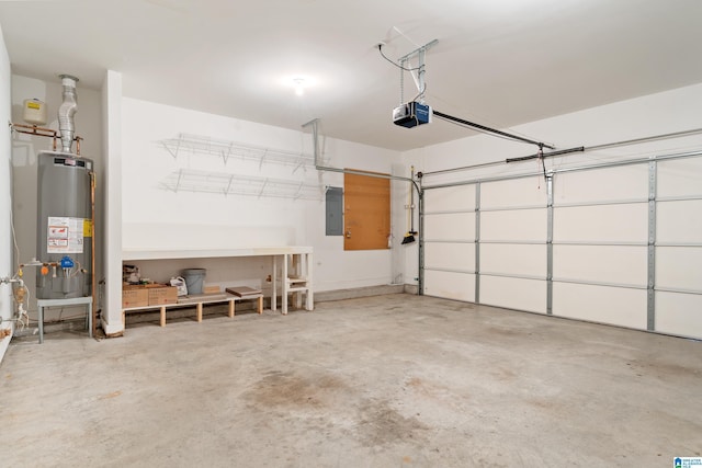 garage featuring electric panel, gas water heater, and a garage door opener