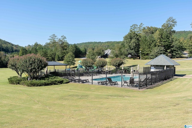 pool with a yard and fence