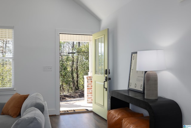 interior space with vaulted ceiling and wood finished floors