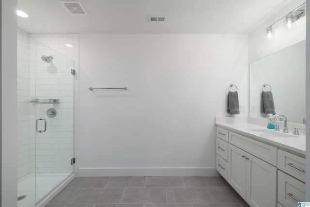 bathroom with tile patterned flooring, vanity, visible vents, and a shower stall