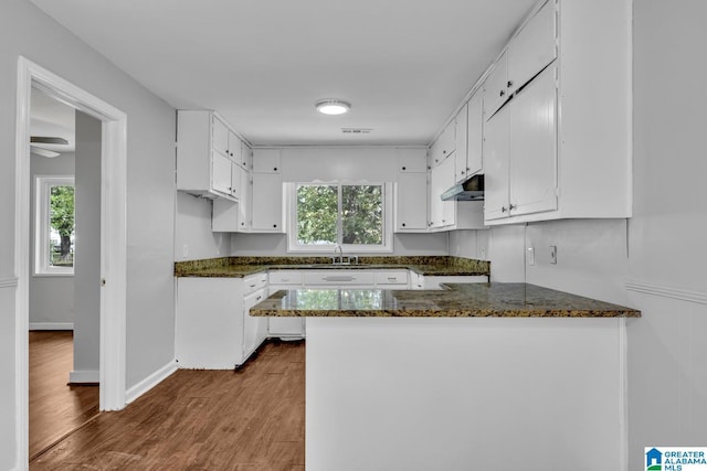 kitchen with a peninsula, a wealth of natural light, white cabinetry, and dark wood-type flooring