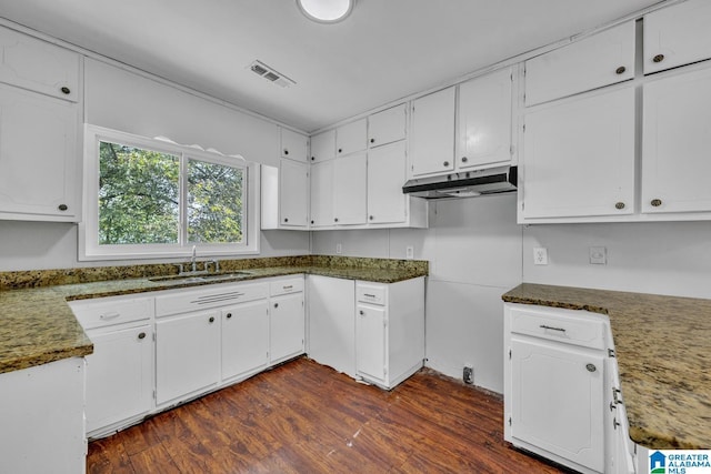 kitchen with visible vents, dark wood-style flooring, under cabinet range hood, white cabinetry, and a sink