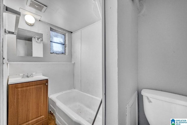 full bath with a bathtub, visible vents, toilet, vanity, and walk in shower