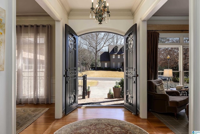 entrance foyer featuring an inviting chandelier, plenty of natural light, and wood finished floors