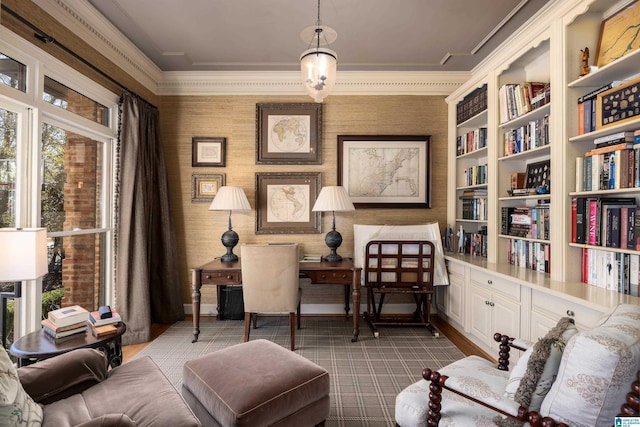 living area with wallpapered walls and ornamental molding