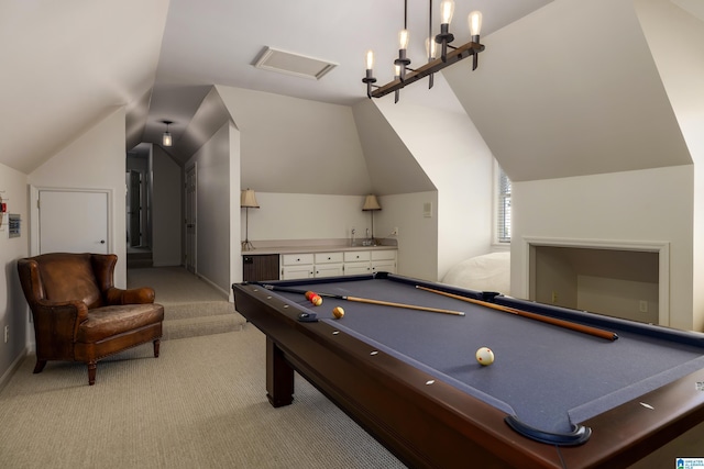 game room featuring light carpet, vaulted ceiling, billiards, and baseboards