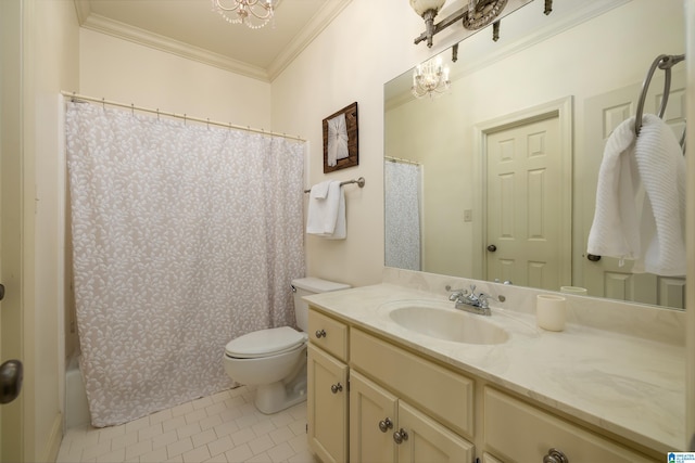 bathroom with a notable chandelier, toilet, ornamental molding, vanity, and tile patterned floors