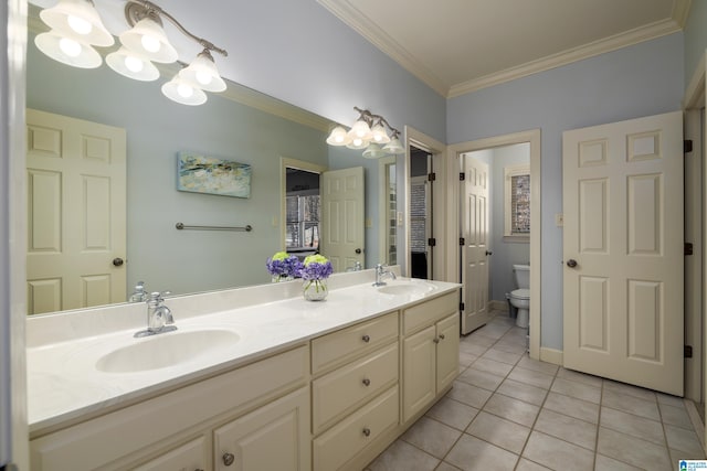 full bathroom with ornamental molding, tile patterned flooring, a sink, and a notable chandelier