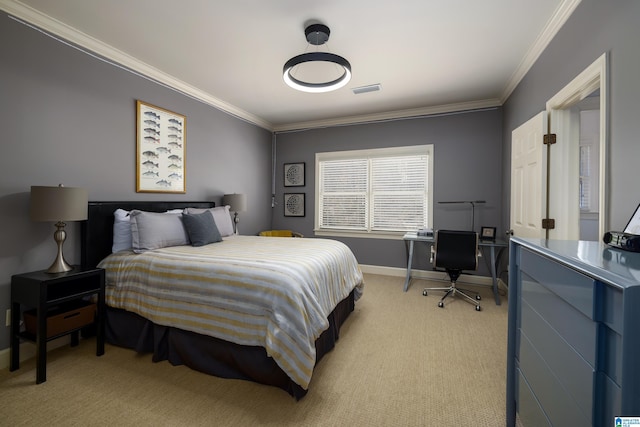 bedroom with light colored carpet, visible vents, crown molding, and baseboards