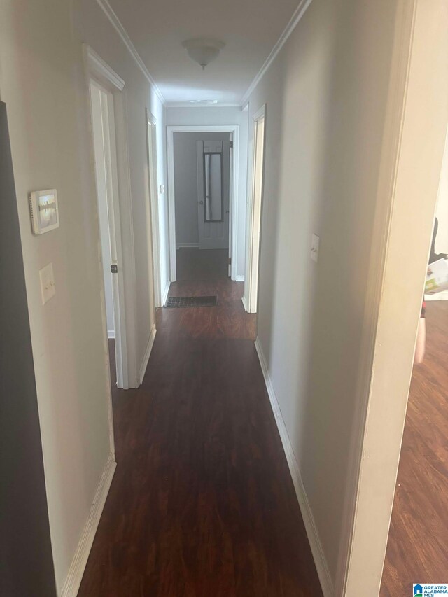 hallway with baseboards, dark wood-style flooring, and crown molding