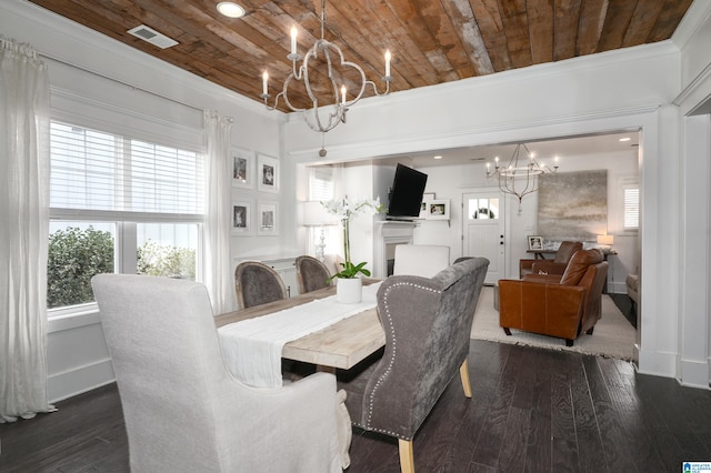 dining area with wood ceiling, visible vents, dark wood finished floors, and an inviting chandelier