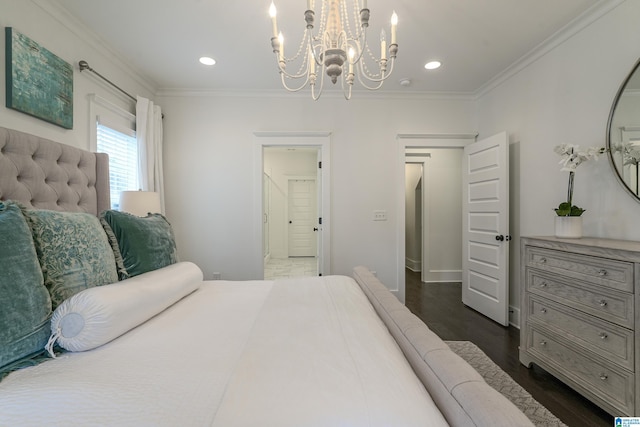 bedroom featuring baseboards, dark wood-type flooring, crown molding, and recessed lighting