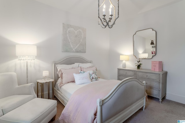 bedroom with a notable chandelier, baseboards, and light colored carpet