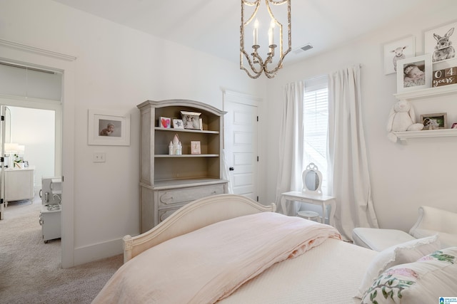 bedroom with carpet floors, an inviting chandelier, baseboards, and visible vents