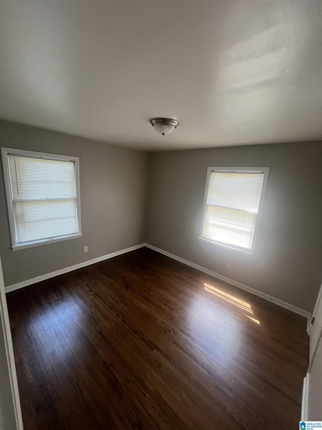 spare room featuring dark wood-type flooring, baseboards, and a healthy amount of sunlight