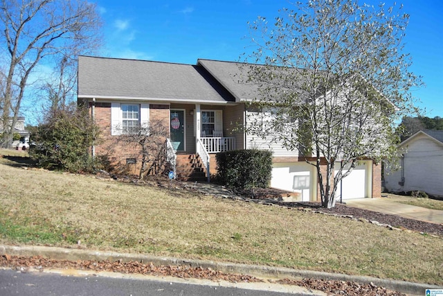 ranch-style home with brick siding, a shingled roof, an attached garage, a front yard, and driveway