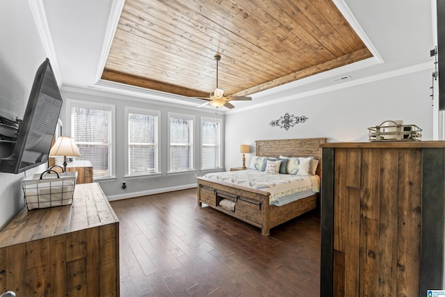 bedroom with ornamental molding, a tray ceiling, wooden ceiling, and dark wood-style flooring