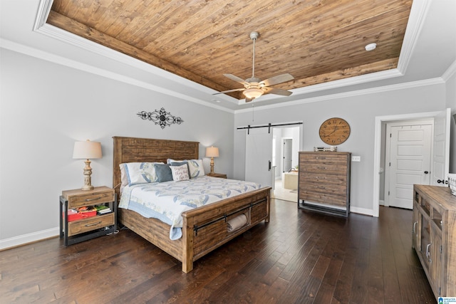 bedroom featuring a raised ceiling, wooden ceiling, and a barn door