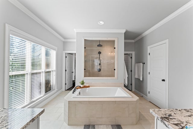 full bath featuring tile patterned flooring, crown molding, a bath, and tiled shower