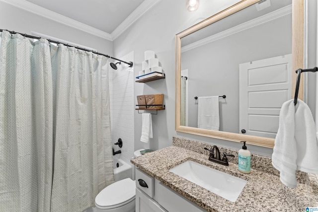 bathroom with toilet, ornamental molding, shower / bath combination with curtain, and vanity