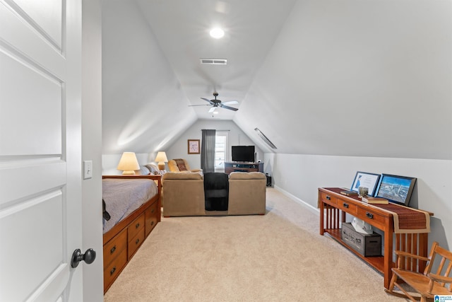 bedroom featuring light carpet, visible vents, baseboards, lofted ceiling, and ceiling fan