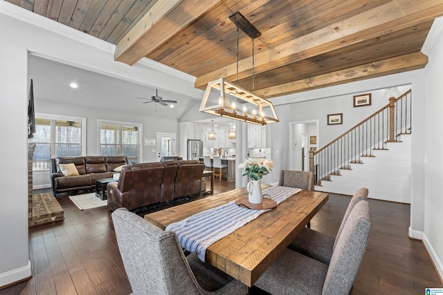 dining area with an inviting chandelier, dark wood-style flooring, beam ceiling, and stairs