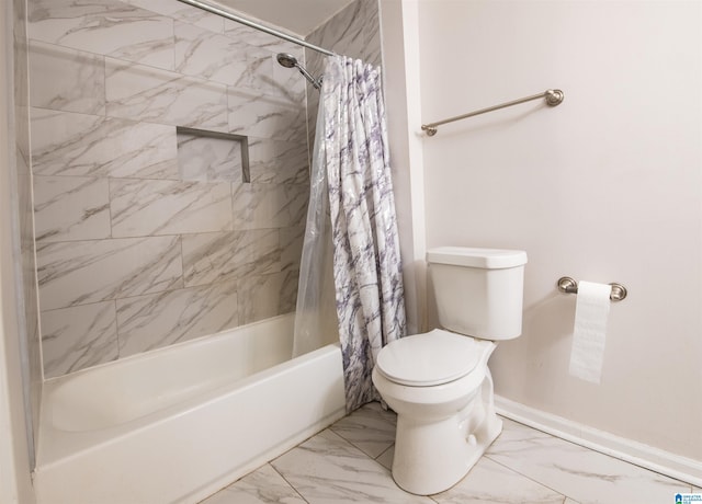 full bath featuring shower / bathtub combination with curtain, baseboards, toilet, and marble finish floor