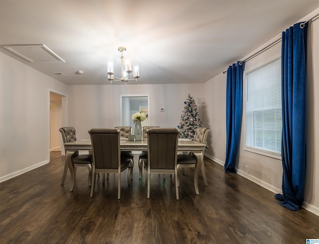 dining area with attic access, baseboards, and dark wood-style flooring