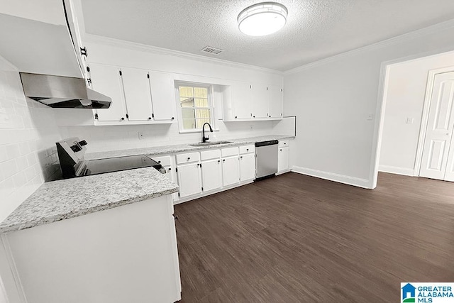 kitchen featuring visible vents, stainless steel dishwasher, under cabinet range hood, a sink, and range with electric stovetop