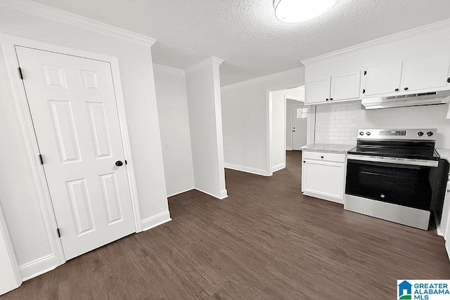 kitchen with under cabinet range hood, dark wood-style flooring, electric stove, and light countertops