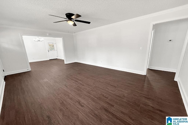 unfurnished living room with dark wood-style floors, crown molding, a textured ceiling, and ceiling fan with notable chandelier