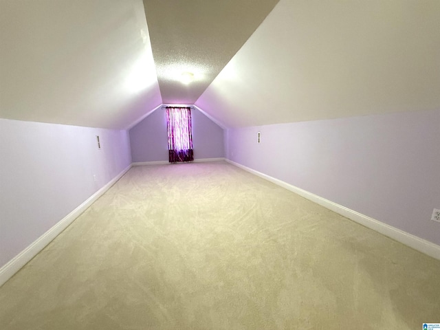 additional living space with a textured ceiling, baseboards, vaulted ceiling, and carpet flooring