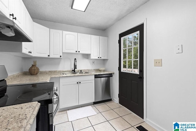 kitchen with white cabinets, electric range oven, stainless steel dishwasher, under cabinet range hood, and a sink