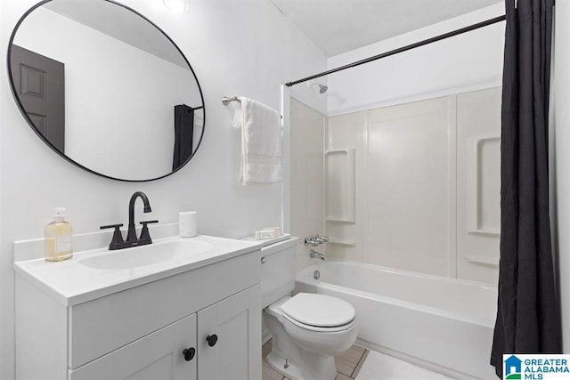 full bath featuring toilet, tile patterned flooring, shower / bath combination with curtain, and vanity