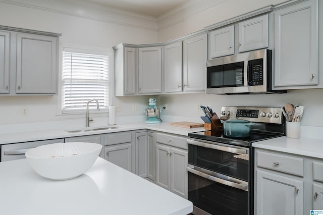 kitchen with ornamental molding, light countertops, stainless steel appliances, gray cabinetry, and a sink