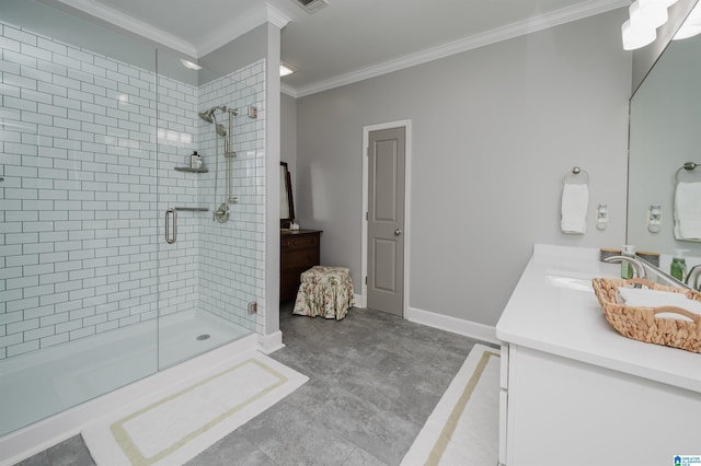 bathroom featuring visible vents, vanity, baseboards, ornamental molding, and a shower stall