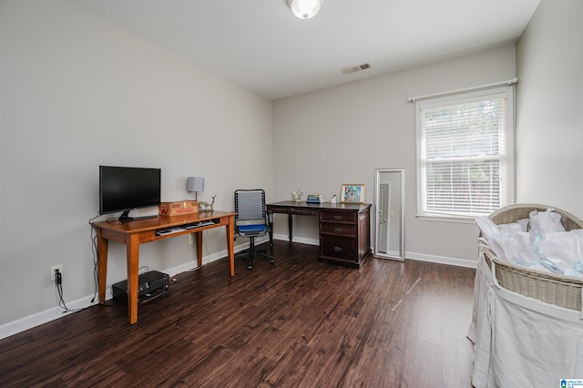 office space with dark wood-style floors, visible vents, and baseboards