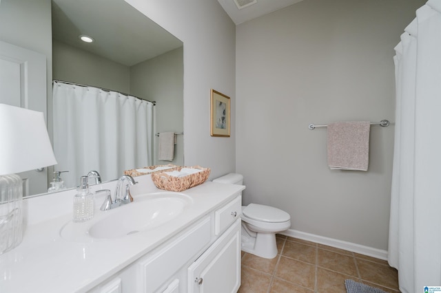 bathroom featuring tile patterned flooring, toilet, visible vents, vanity, and baseboards