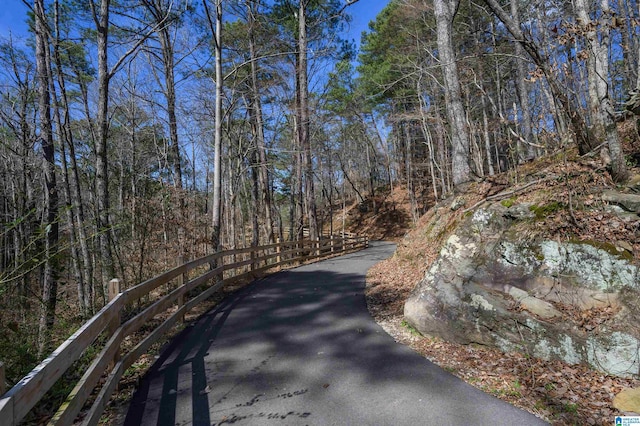 view of street with a wooded view