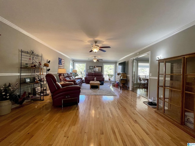 living area featuring ornamental molding, ceiling fan, and hardwood / wood-style floors